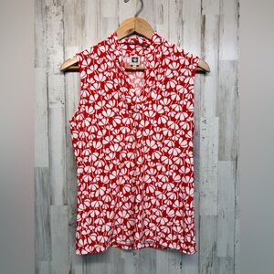 Anne Klein White Red Floral V-neck Blouse Size Small Preppy